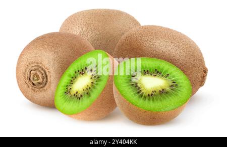 Kiwi interi e tagliati isolati su sfondo bianco Foto Stock