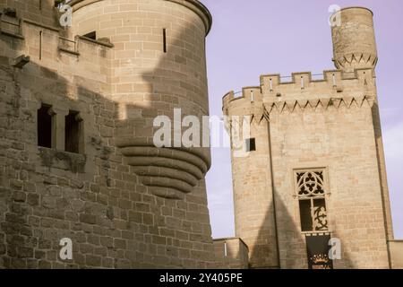 Maestà medievale: Le torri di pietra del Palazzo reale di Olite (Navarra, Spagna) Foto Stock