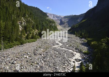 Ghiacciaio e fiume Nisqually nel Mount Rainier National Park, Washington, Stati Uniti. Nisqually Glacier and Raft nel Mount Rainier National Park, Washington, Stati Uniti Foto Stock