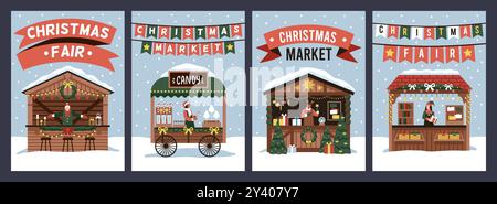 Biglietti per il mercato di Natale. Simpatici poster fieristici, banchi in legno per le feste, dolci, regali e souvenir, decorazioni e ghirlande natalizie, design di striscioni, cartone animato Illustrazione Vettoriale
