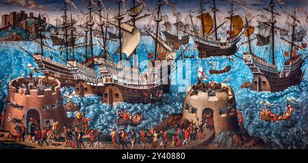 L'imbarco a dover da parte di un artista sconosciuto, 1545 circa. Il dipinto mostra l'imbarco di Enrico VIII e della sua corte per il campo del panno d'oro (in francese: Camp du Drap d'Or) nel 1520. Il campo della stoffa d'oro fu un incontro tra re Enrico VIII d'Inghilterra e re Francesco i di Francia dal 7 al 24 giugno 1520 a Balinghem, tra Ardres in Francia e Guînes nelle pale inglesi di Calais Foto Stock