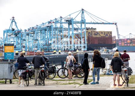 Rotterdam, Paesi Bassi - 29 agosto 2024 : i ciclisti si dirigono verso il porto container di Rotterdam, Futureland Information Center Maa Foto Stock