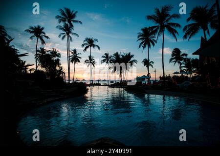 Una spiaggia tropicale con silhouette di palme durante un tramonto mozzafiato, che proietta un caldo bagliore all'orizzonte. Foto Stock