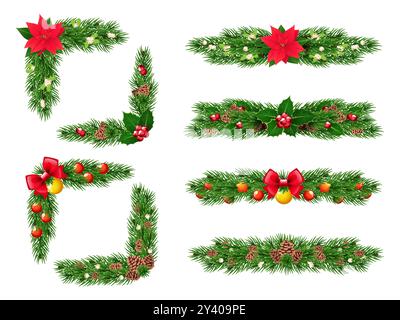 Alberi di Natale rami ghirlande. Aghi di pino, decorazioni festose di ramoscelli sempreverdi, agrifoglio, palle e archi di vetro, bordi e cornici Illustrazione Vettoriale