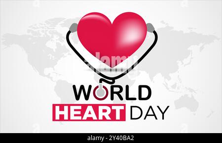 Design World Heart Day con stetoscopio, forma del cuore e mappa del mondo Illustrazione Vettoriale