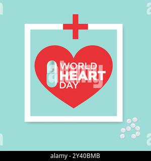 World Heart Day è un design semplice e unico, con una forma di cuore, segno di salute, compresse, capsula e bellissimo sfondo. Illustrazione Vettoriale