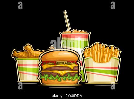 Logo Vector Fast Food, poster orizzontale con disegno a cartone animato composto da hamburger grande, bastoncini di patate arrostite e cosce di pollo calde del kentucky, arredamento Illustrazione Vettoriale