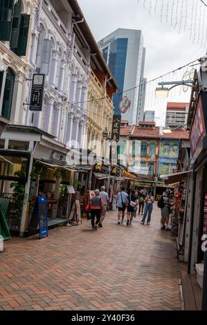 Popolare tra i turisti c'è una lunga fila di bancarelle di souvenir cinesi e i negozi in Temple Street, nel quartiere storico di Chinatown a Singapore. Foto Stock