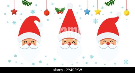 Vettore di gnomi natalizi. Simpatici gnomi nei cappelli di Babbo Natale in stile cartoni animati. Biglietto di auguri natalizi con personaggi scandinavi isolati sul dorso scuro Illustrazione Vettoriale