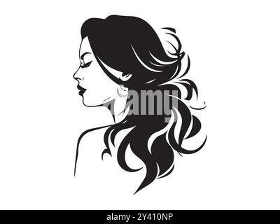 Elegante silhouette nera di una donna con capelli fluenti di profilo su sfondo bianco. Concetto di femminilità, bellezza, design minimalista, capelli eleganti Illustrazione Vettoriale