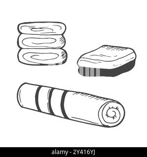 Set di asciugamani da bagno e da cucina disegnati a mano. Illustrazione Vettoriale