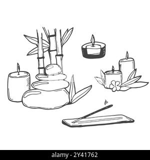 Set di candele disegnate a mano. Candele Doodle. Candele aromatiche bruciate Illustrazione Vettoriale