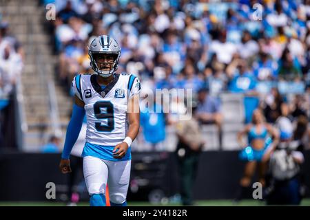 Charlotte, North Carolina, Stati Uniti. 15 settembre 2024. Il quarterback dei Carolina Panthers Bryce Young (9) durante il primo tempo contro i Los Angeles Chargers nel match NFL a Charlotte, NC. (Scott Kinser/Cal Sport Media). Crediti: csm/Alamy Live News Foto Stock