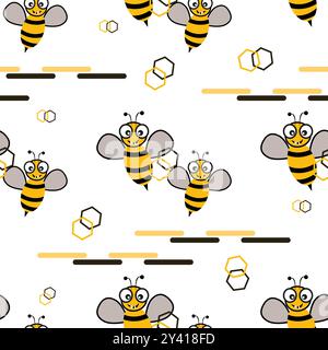 Schema cartoni animati delle api del miele senza cuciture. Sfondo con motivo senza cuciture per cartoni animati Vector cute bee Illustrazione Vettoriale