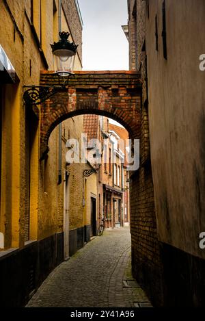 Pittoresca strada lastricata a Bruges, Belgio. Foto Stock