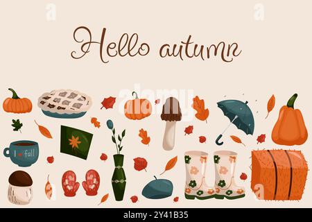 Set di elementi vettoriali di caduta. Illustrazione autunnale con zucche, ombrello, funghi, caffè e ecc. Illustrazione Vettoriale