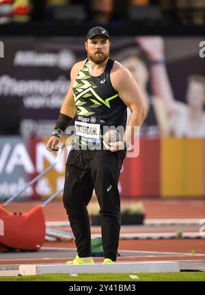 Payton Otterdahl degli Stati Uniti gareggiando nel tiro maschile messo alle finali di atletica della Memorial Van Damme Diamond League al King Baudouin Stadium di Foto Stock