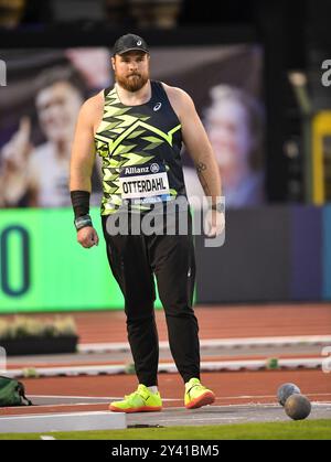 Payton Otterdahl degli Stati Uniti gareggiando nel tiro maschile messo alle finali di atletica della Memorial Van Damme Diamond League al King Baudouin Stadium di Foto Stock