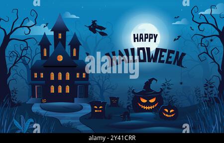 Sfondo di Halloween. Casa dell'orrore. Spaventose lanterne infestate, spaventosa luna sul castello di Jack. Silhouette di zucca autunnale. Strega sulla scopa. Sfondo poster o banner. Invito alla festa. Concetto di cartone animato vettoriale Illustrazione Vettoriale