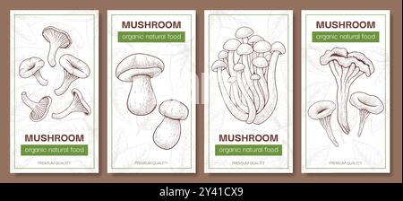 Poster dei funghi. Design del packaging dei prodotti biologici e naturali. Ingrediente vegetale forestale di alta qualità. Elementi di schizzo disegnati a mano. Cazzi botanici Champignon. Raccolto autunnale. Serie di illustrazioni vettoriali Illustrazione Vettoriale