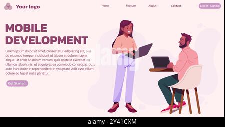 La gente lavora. Pagina di destinazione sviluppo mobile. modello di progettazione del sito web. Analisi della tecnologia digitale. Caratteri ufficio. App telefono. Marketing di dati informatici. Dipendente con notebook. Sfondo Web vettoriale Illustrazione Vettoriale