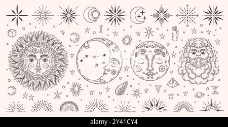 Sole e luna d'epoca. Stella celeste e simpatica galassia grafica, icona del vento, astronomia d'epoca sognano su un invito al mistero decorativo. Stile boho. Set di elementi mistici neri con linea isolata grafica vettoriale Illustrazione Vettoriale
