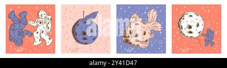 Astronauta lunare. Pianeta nello spazio galassia carte contemporanee, astronave in viaggio nell'universo. Doodle viaggio spaziale in stelle. Simpatici poster cosmo disegnati a mano. Astronomia interstellare. Set grafico vettoriale Illustrazione Vettoriale