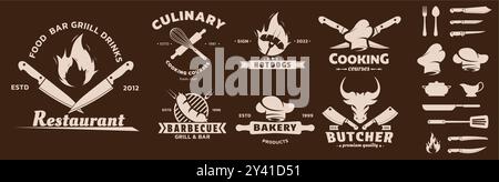 Logo Cook. Icone delle ricette dello chef. Etichetta di classe bistrot. Cibo del ristorante. Cucina da forno. Cappuccio retrò e coltello. Corso culinario. Simbolo hotdog. Macelleria. Barbecue grill bar. Set di elementi di silhouette vettoriale Illustrazione Vettoriale