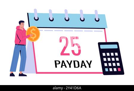 Persone con le monete. Giorno di paga al calendario. Uomo che aspetta lo stipendio. Giorno di paga. Stipendio per lavorare. Dipendente che detiene banconote. Calcolo del profitto finanziario. Data di pagamento. Promemoria promemoria organizzatore. Concetto vettoriale Illustrazione Vettoriale