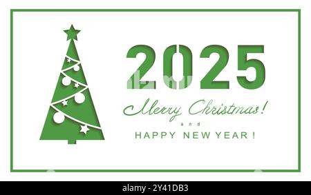 Buon Natale e biglietto di auguri di Capodanno. 2025 albero di Natale con tecnica di taglio della carta. Illustrazione Vettoriale