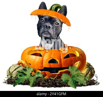 Simpatico cane di Halloween nei panni di un divertente Bulldog francese in una zucca scolpita con jack-o-lanterna come festa autunnale o autunnale ottobre e novembre ringraziamento Foto Stock