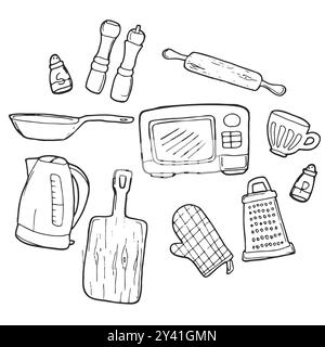 Set di utensili da cucina a doodle in nero isolato Illustrazione Vettoriale