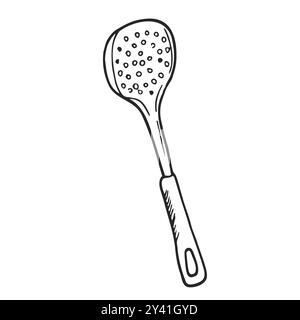 Cucchiaio a taglio Skimmer in stile doodle. Utensile da cucina. Illustrazione vettoriale disegnata a mano con inchiostro nero isolato Illustrazione Vettoriale