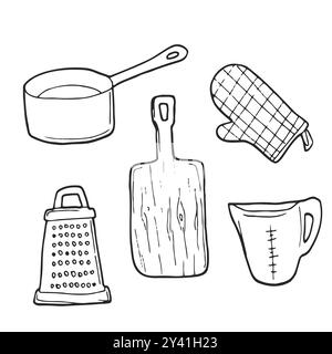 Set di utensili da cucina per scarabocchi. Attrezzature da cucina disegnate a mano. Illustrazione vettoriale su sfondo bianco. Illustrazione vettoriale Illustrazione Vettoriale