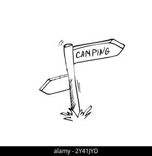 Cartello con scritta Doodle disegnata a mano con testo da campeggio. Guida vettoriale. Camping clipart. Contorno. Illustrazione Vettoriale