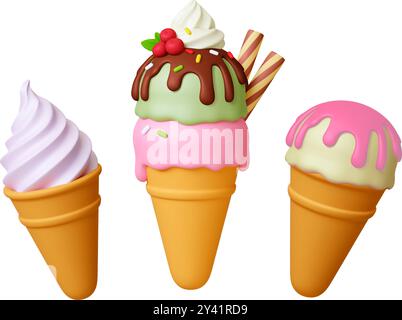 Coni gelato 3d. Gelato dolce con condimento e frutti di bosco. Dessert cremoso, waffle, sciroppo di cioccolato liquido. Gustoso fast food, vettore realistico Illustrazione Vettoriale