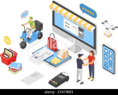 Acquisti online in 3d isometrici. Consegna e ordinazione di merci nell'applicazione mobile, pagamento digitale. Pagamento elettronico, acquisto moderno, scena vettoriale impeccabile Illustrazione Vettoriale