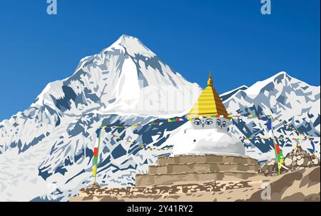 Monte Dhaulagiri e stupa buddista o corten con bandiere di preghiera, buddismo nelle montagne dell'himalaya in Nepal Illustrazione Vettoriale