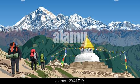 Monte Dhaulagiri e stupa buddista o corten con bandiere di preghiera e tre escursionisti scalatori viaggiatori turisti o alpinisti, buddismo in Nepal Illustrazione Vettoriale