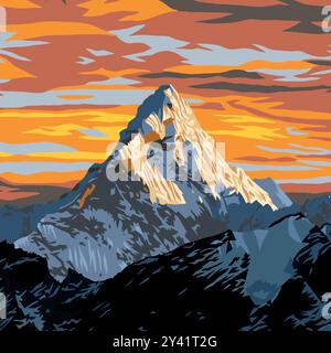 Monte ama Dablam con un bellissimo cielo al tramonto sulla strada per il campo base dell'Everest, illustrazione vettoriale, valle di Khumbu, parco nazionale di Sagarmatha, Everest Illustrazione Vettoriale
