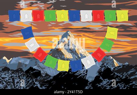 Monte ama Dablam con un bellissimo cielo al tramonto e bandiere di preghiera buddiste, illustrazione vettoriale, valle Khumbu, parco nazionale di Sagarmatha, zona Everest, Illustrazione Vettoriale