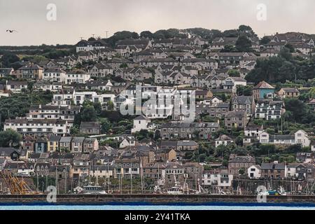 Una vista panoramica di una città costiera con case densamente affollate su una collina, che si affaccia su un porto pieno di barche. Il cielo e' coperto, aggiungendo una piaga Foto Stock