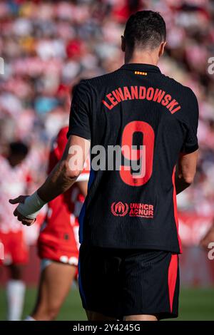 Robert Lewandowski (FC Barcelona) visto durante una partita della Liga EA Sports tra Girona FC e FC Barcelona all'Estadi Municipal de Montilivi di Girona, in Spagna, il 15 settembre 2024. Foto di Felipe Mondino Foto Stock