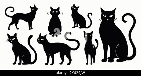 Una collezione di sette silhouette nere per gatti in varie posizioni, perfette per aggiungere un tocco di fascino felino ai tuoi disegni. Illustrazione Vettoriale
