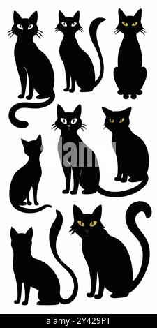 Un set di otto silhouette di gatto nere in varie pose, perfette per decorazioni di Halloween e progetti di grafica. Illustrazione Vettoriale