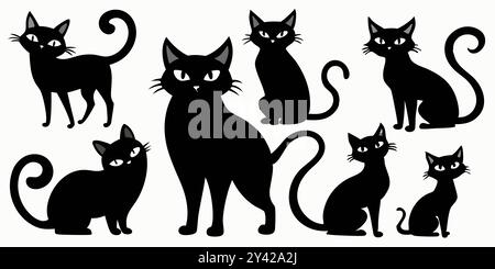Un set di sei silhouette nere per gatti in varie posizioni, perfette per aggiungere un tocco di fascino felino ai tuoi disegni. Illustrazione Vettoriale