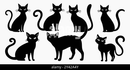 Un set di silhouette nere per gatti, perfette per aggiungere un tocco di inquietante fascino ai tuoi disegni. Illustrazione Vettoriale