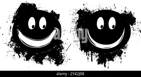 Due facce smiley nere con effetti di spruzzi di vernice su sfondo bianco Illustrazione Vettoriale