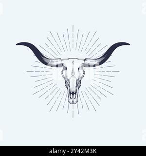 Illustrazione vettoriale del cranio di Texas longhorn. Logo vintage disegnato a mano dal bovino western del paese. Illustrazione Vettoriale