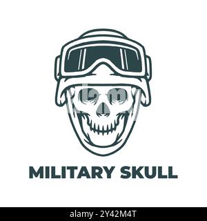 Testa del cranio con illustrazione del casco militare. Logo del teschio militare emblema vettoriale. Isolato su sfondo bianco. Illustrazione Vettoriale